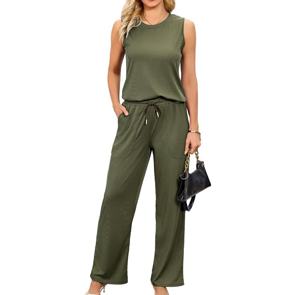 Women's 2 Piece Knit Outfit Sleeveless Top Pants Lounge Sets Pockets